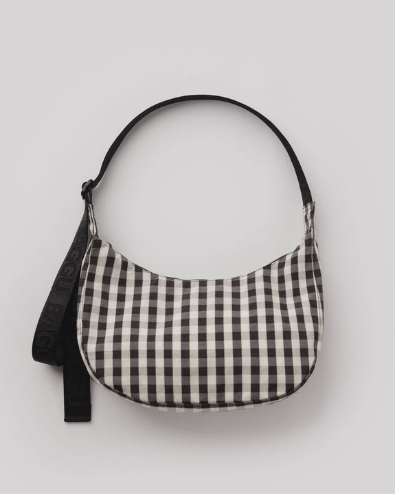 Baggu - Medium Nylon Crescent Bag - Black And Cream Gingham