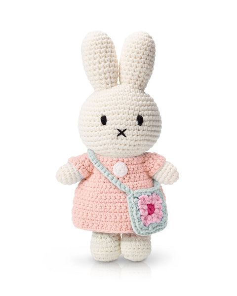 Crocheted Miffy Toy - Pastel Pink Dress - Blue Flower Bag