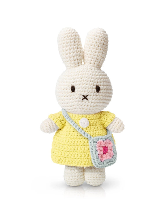 Crocheted Miffy Toy - Pastel Yellow Dress - Blue Flower Bag