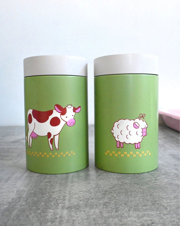 Natali Koromoto - "Farm Girlies" Small Tin Canister - Cow/Sheep