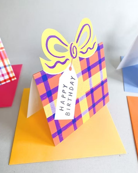 Kitty Kenda Papergoods - Birthday Bow Shaped Greeting Card - Orange Yellow