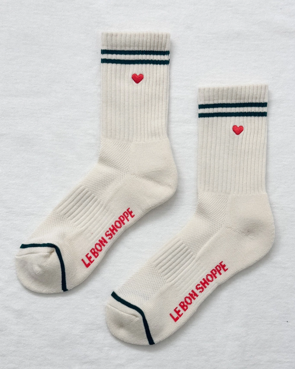 Le Bon Shoppe - Embroidered Boyfriend Socks - Parchment + Heart