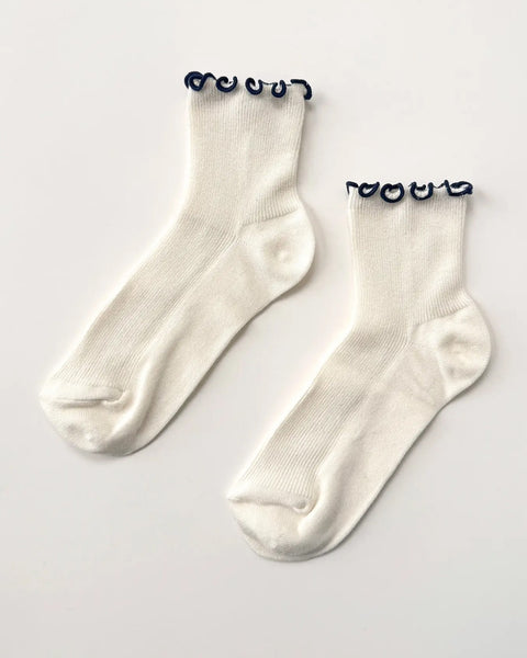 Le Bon Shoppe - Petite Ruffled Modal Socks - Soft White and Navy