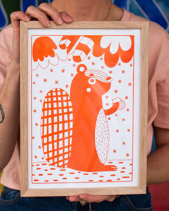 Graphic Nugget - Orange Squirrel Riso Print - A4 (framed)