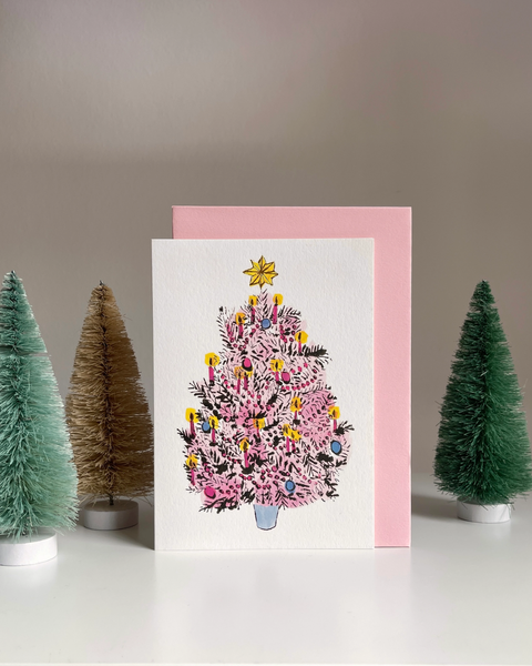 Yes! Paper Goods - Pink + Gold Foil Christmas Tree Pack of 6 Holiday Cards