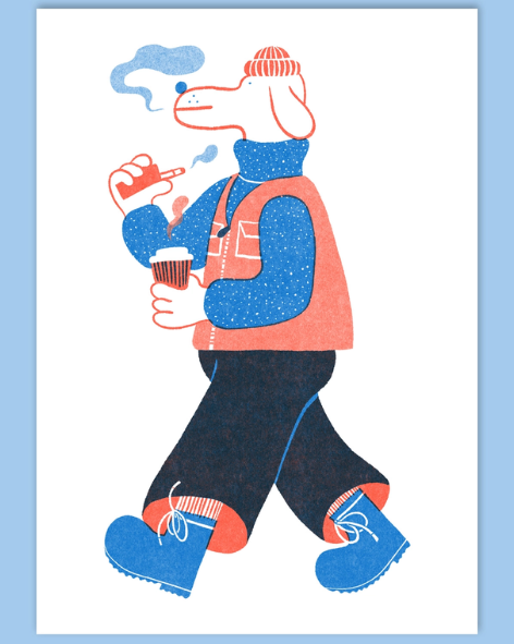 Yuk Fun - Dog Strolling Riso Art Print