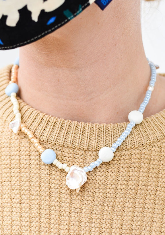 Emily Green - Splits Glass and Clay Necklace in Ice Blue, Bone and Champagne