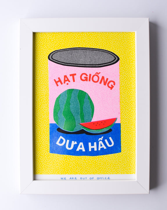 We are out of Office - FRAMED Riso Print - Colourful Can full of Watermelon Seeds