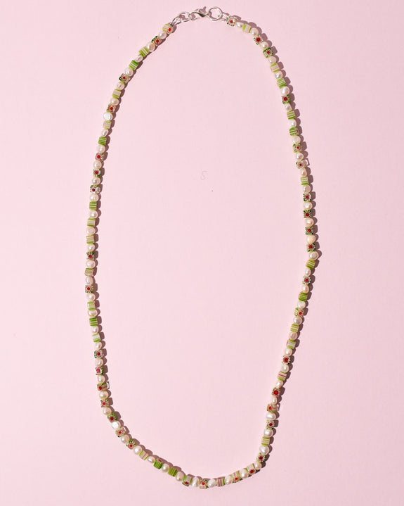 Emily Green - Millefiori & Pearl Necklace - Green Cubes