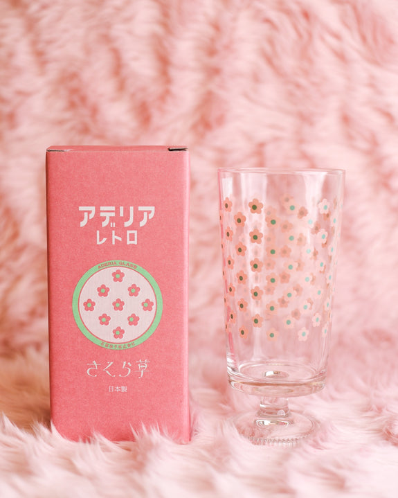 Aderia - Retro Glass Tumbler with Stem - Sakuragusa Pink Flowers