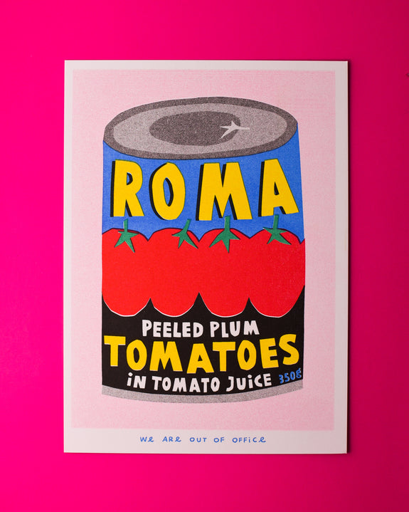 We are out of Office - Riso Print - Can of Roma Tomatoes