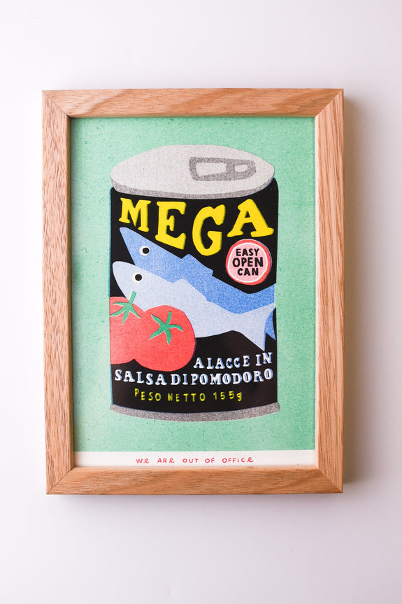 We are out of Office - FRAMED Riso Print - Can of Mega Sardines