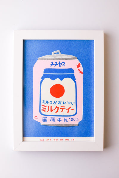 We are out of Office - FRAMED Riso Print - Japanese Can of Milky Tea