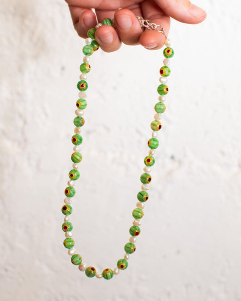Emily Green - Millefiori & Pearl Short Necklace - Green