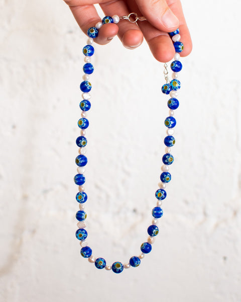 Emily Green - Millefiori & Pearl Short Necklace - Cobalt