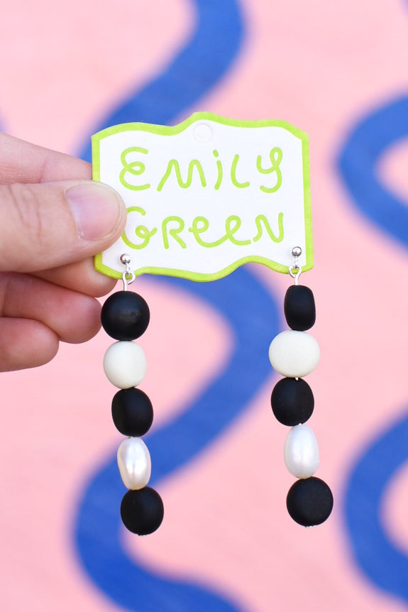Emily Green - Black & Bone Beaded Pearl Drop Earrings