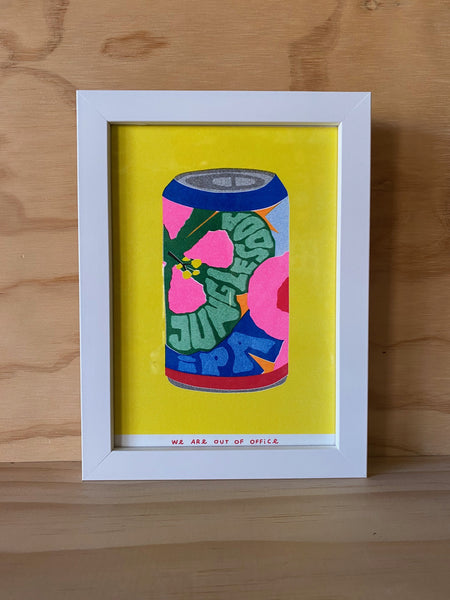 We are out of Office - FRAMED WHITE Riso Print - A Can of Jungle Soda IPA