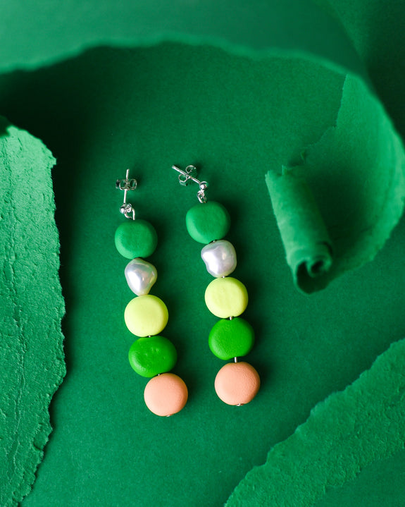 Emily Green - Apricot and Emerald Beaded Pearl Drop Earrings