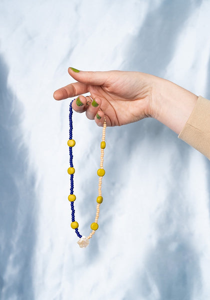 Emily Green - Splits - Glass and Clay Necklace in Cobalt, Mustard and Champagne
