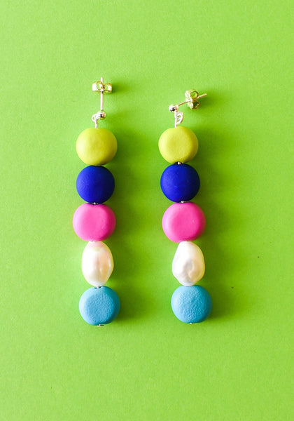 Emily Green - Raspberry and Lime Beaded Pearl Drop Earrings