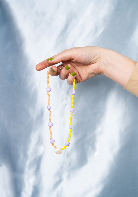 Emily Green - Splits - Glass and Clay Necklace in Champagne, Lilac and Dandelion